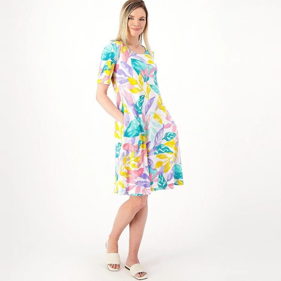 Susan Graver Multi-Tropical Tall Liquid Knit Fit & Flare Dress Size Tall Large - Picture 1 of 4